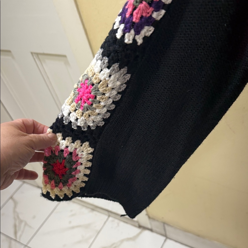 SHEIN Black Open Cardigan with Pink, White and Green Crochet Sleeve Motifs - Picture 2 of 3